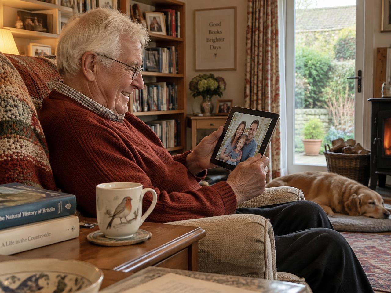 An older man in a knitted jumper smiling in his armchair at home as he looks at a family photo on a tablet, with bookshelves and a garden behind him