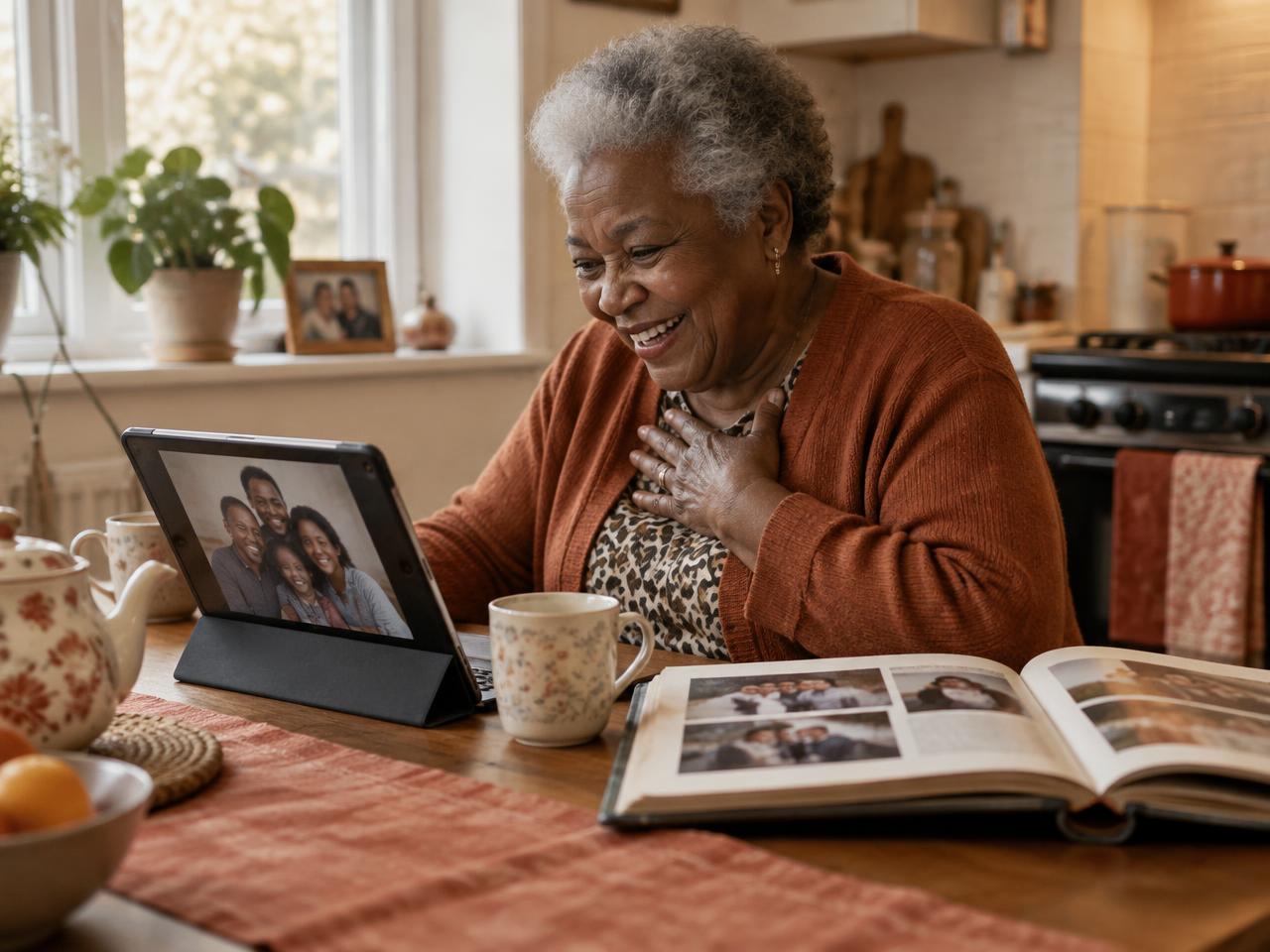 An older woman laughing at her kitchen table, a tablet showing a family photo and an open photo album beside her tea