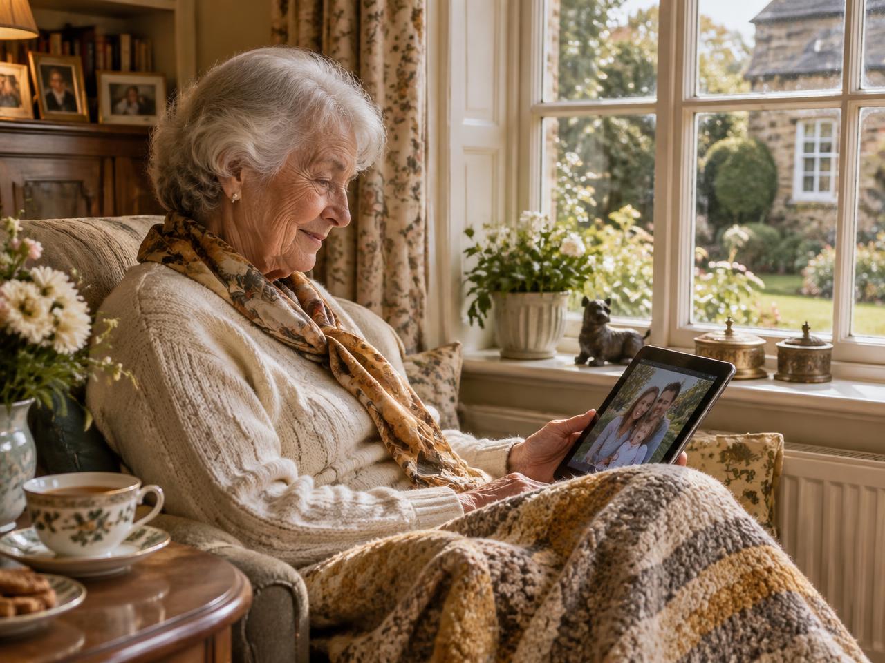 An older woman relaxing alone in a window seat under a knitted throw, smiling at a family photo on her tablet
